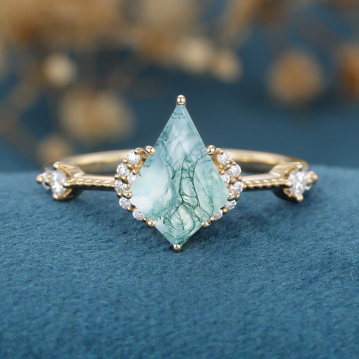 Kite Cut Natural Green Moss Agate Cluster Engagement Ring