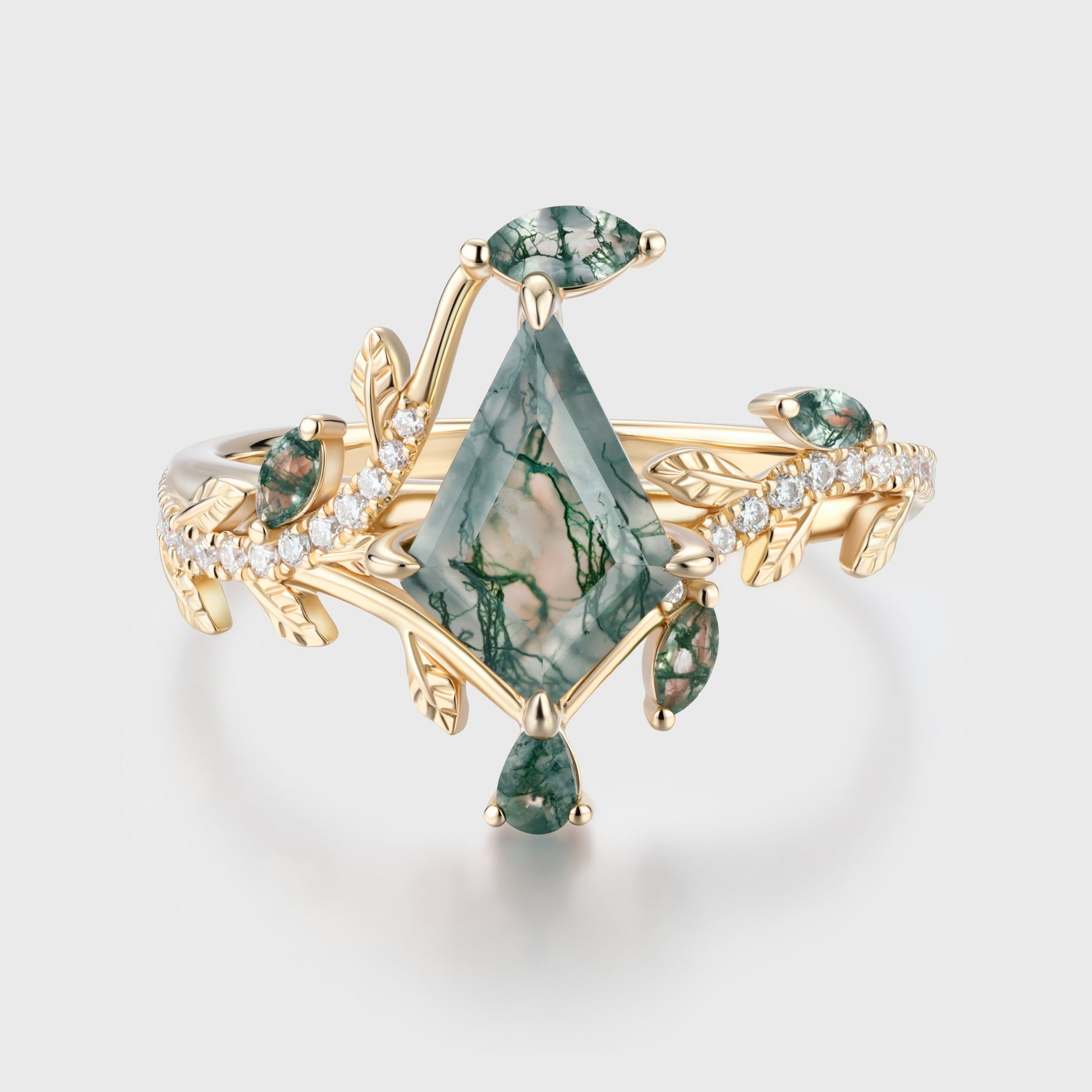 Nature Inspired Kite cut Moss Agate Leaf Gold Engagement Ring