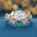 Round cut Moissanite + Pink Sapphire | Lab Emerald Curved Wedding bridal set