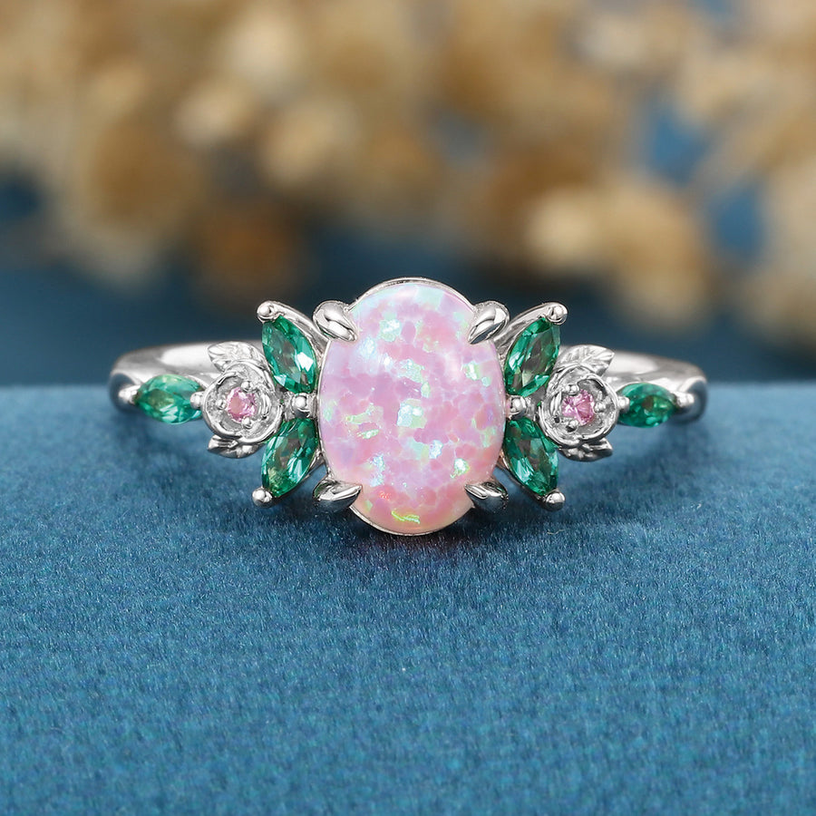 Oval cut Lab Pink Opal Rose Gold Engagement ring