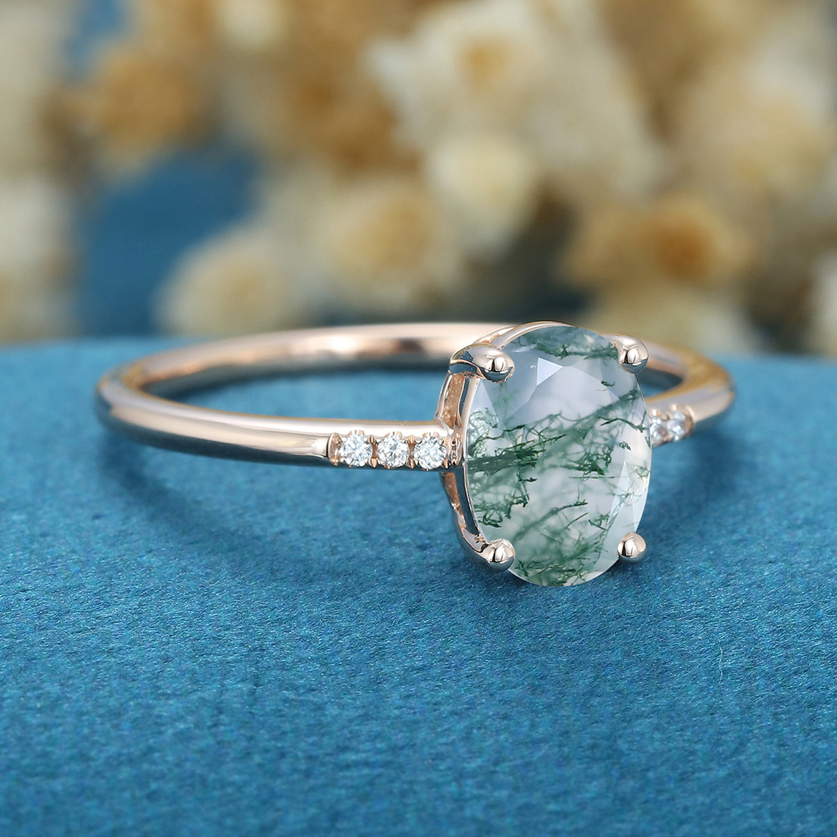 Oval Cut Natural Green Moss Agate Cluster Engagement Ring 