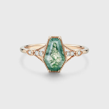 Coffin cut Moss Agate Solid Gold Engagement Ring