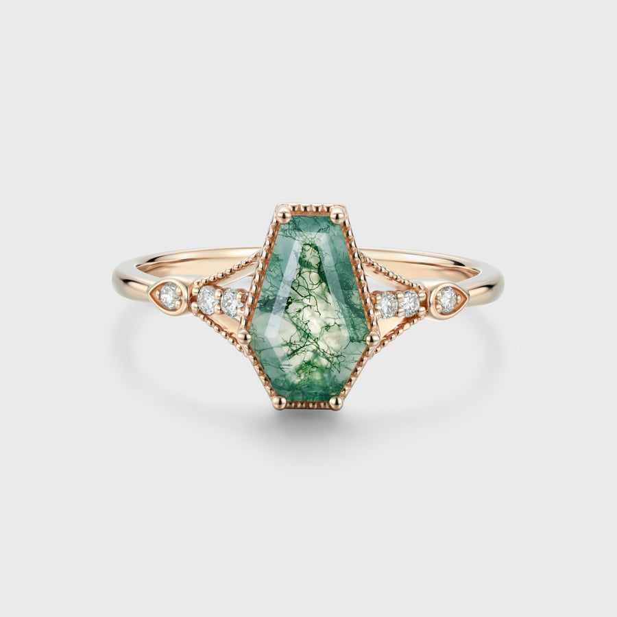 Coffin cut Moss Agate Solid Gold Engagement Ring