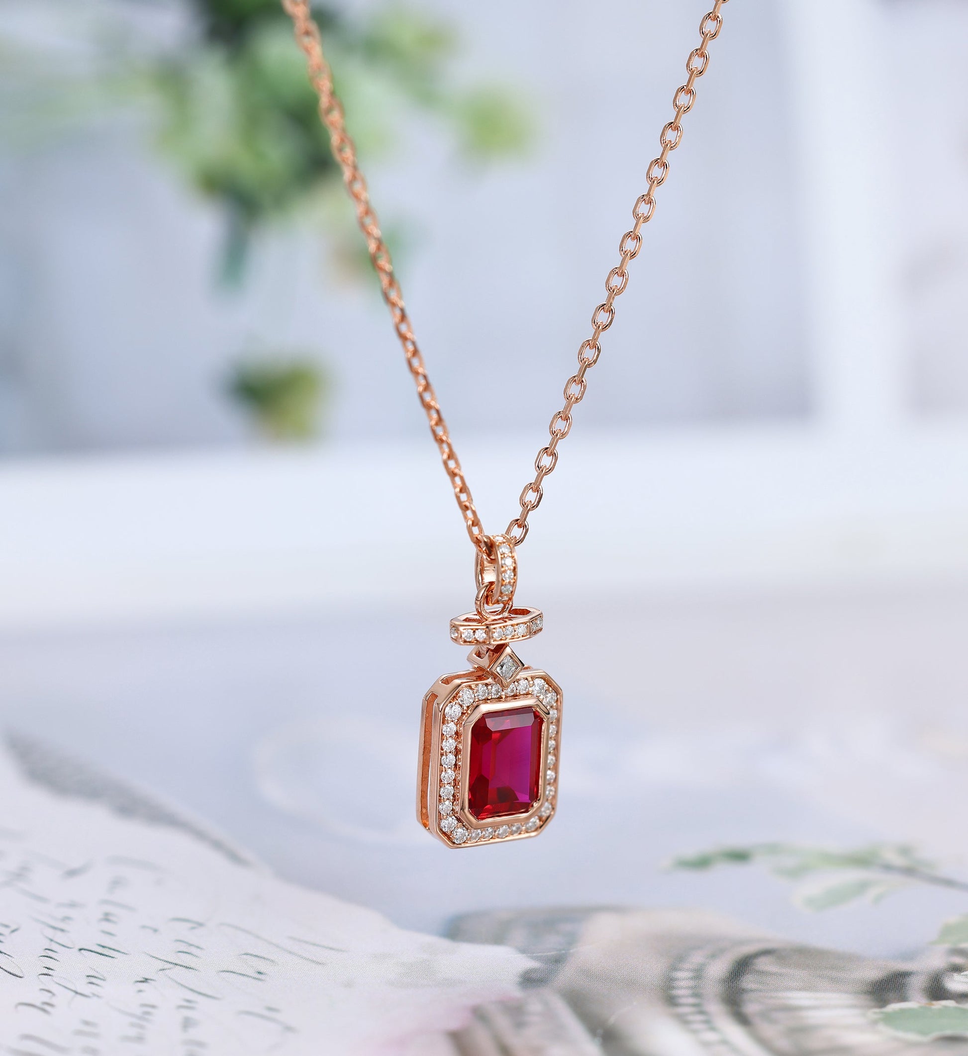 Emerald cut Lab Ruby Pendant Necklace with Moissanite Halo Accents