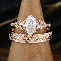 Marquise cut Moissanite Couple Rings | D Color VVS1 | Rose Gold Leaf Wedding Bridal Set