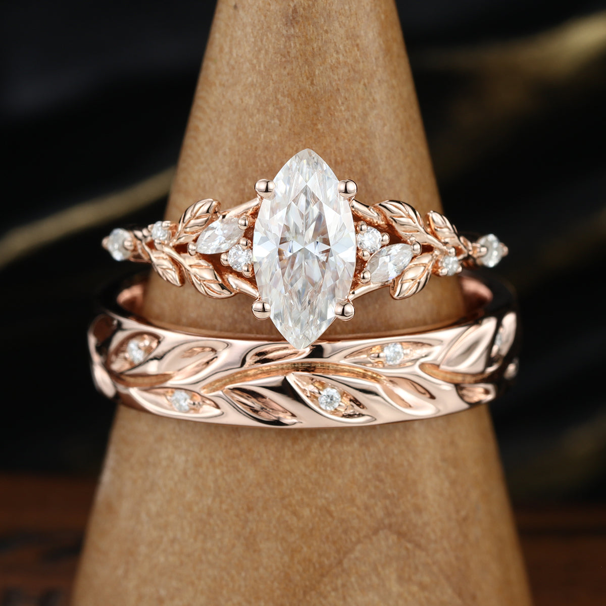 Marquise cut Moissanite Couple Rings | D Color VVS1 | Rose Gold Leaf Wedding Bridal Set