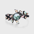 Round Cut Natural Green Moss Agate Cluster Engagement Ring