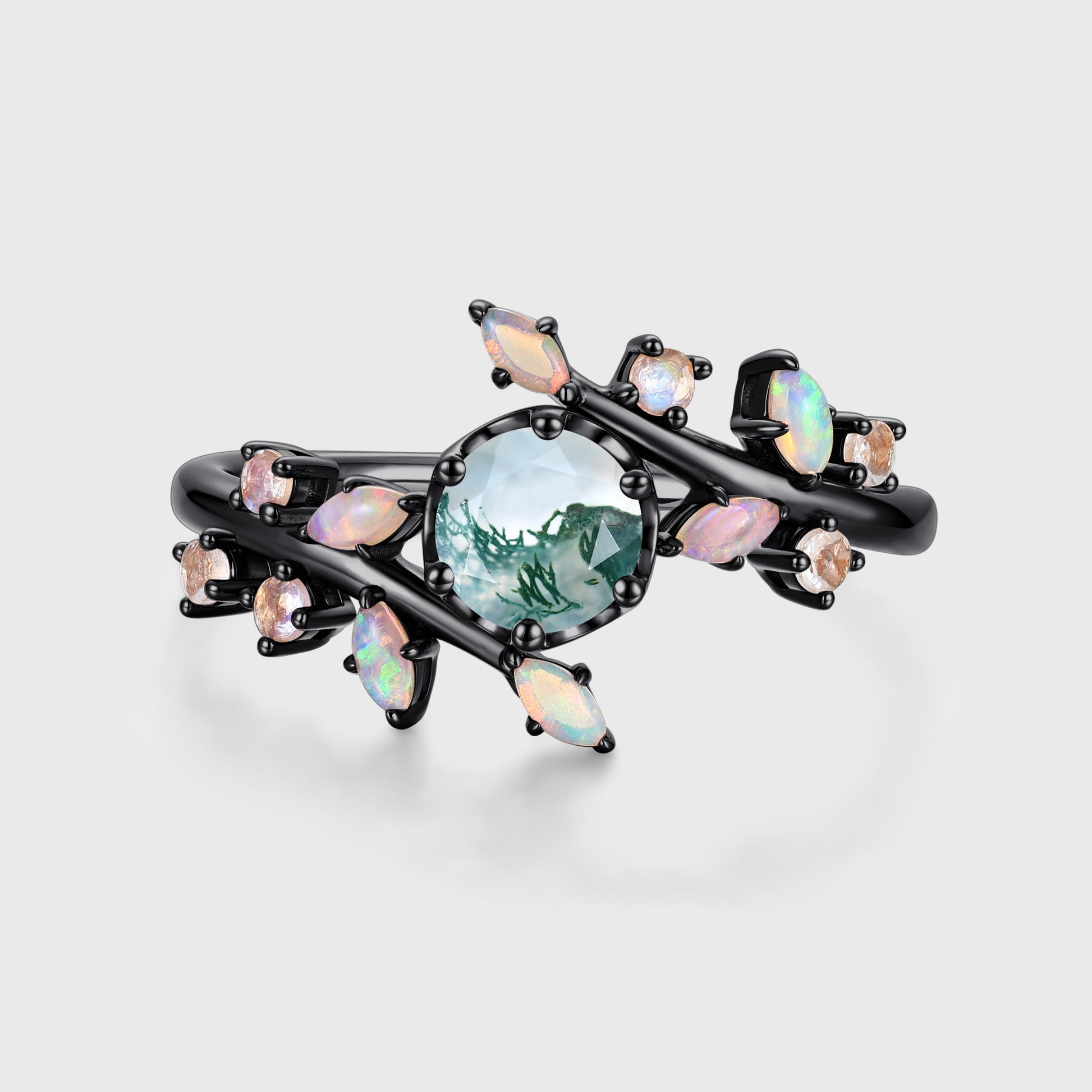 Round Cut Natural Green Moss Agate Cluster Engagement Ring
