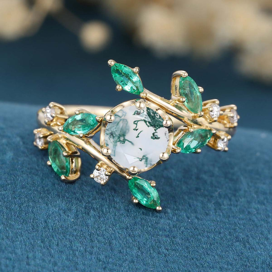 Nature Inspired Round cut Moissanite | Natural Emeralds Gold Engagement Ring