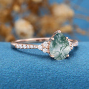 Pear Cut Natural Green Moss Agate Cluster Engagement Ring 