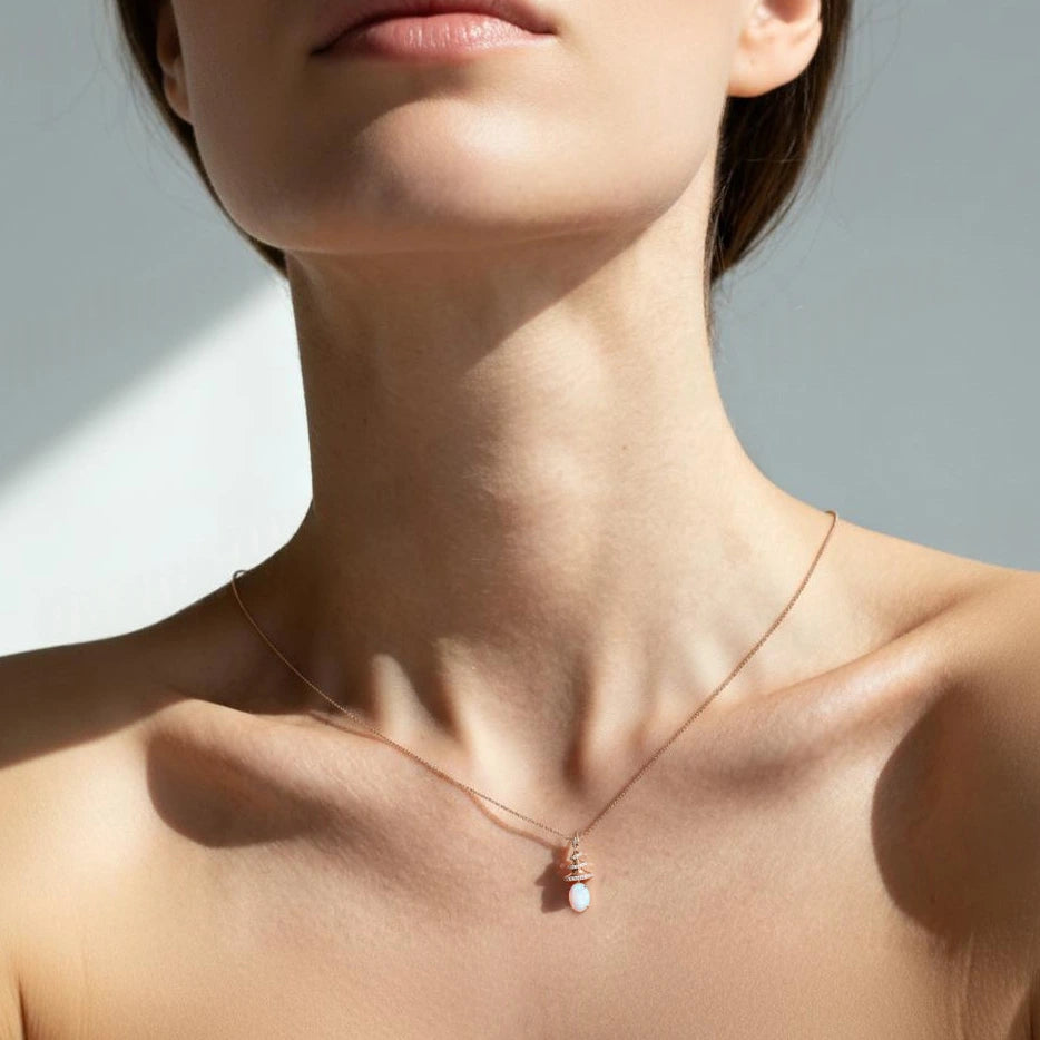 Oval cut Natural Opal Pendant Necklace with Diamonds Christmas tree