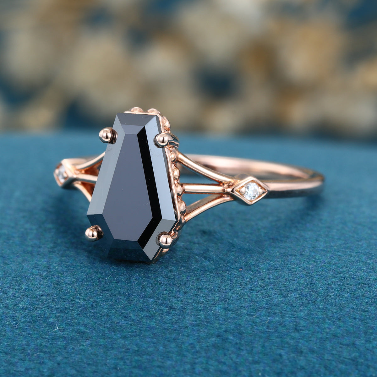 Coffin cut Black Onyx Solid Gold Engagement Ring