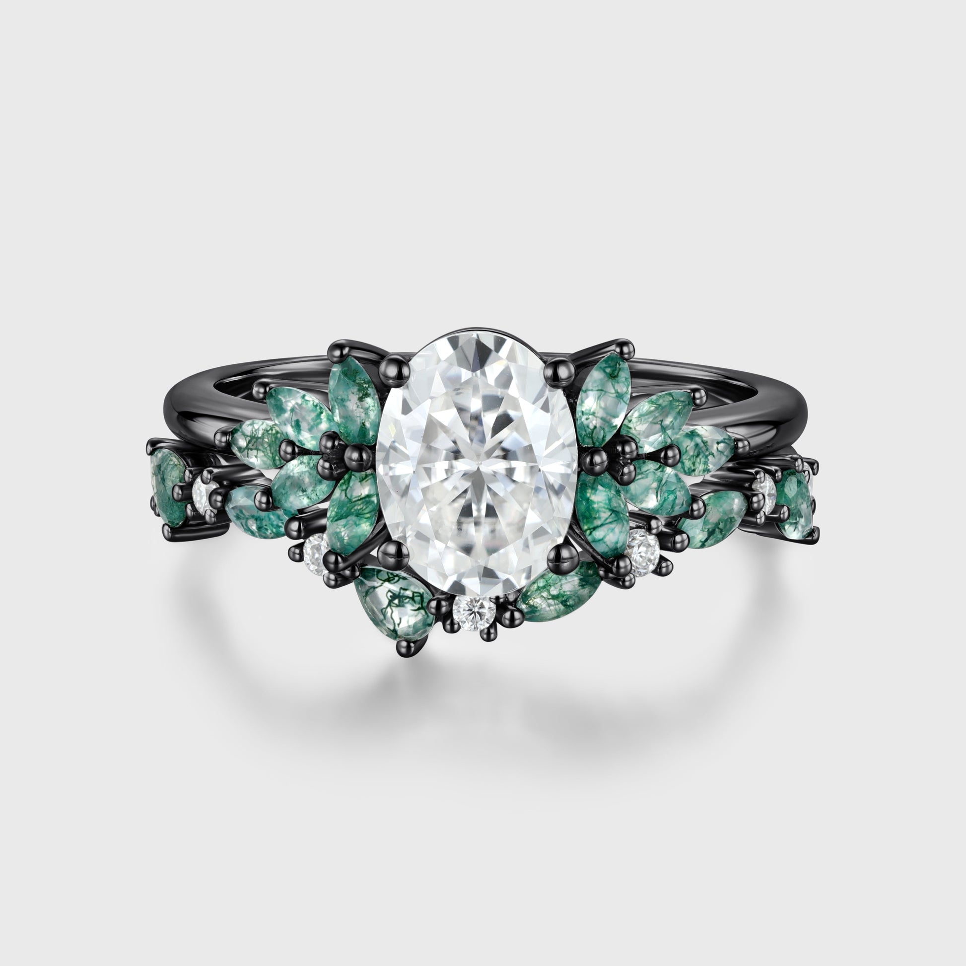 Oval cut Moissanite Engagement ring +Moss agate Wedding Bridal set