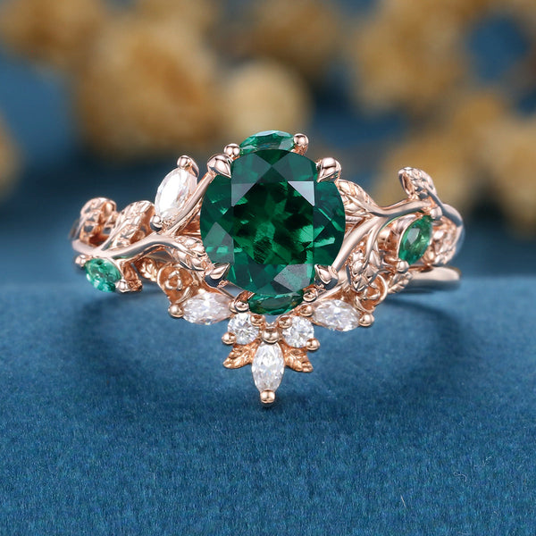 Nature Inspired Round Cut Lab Emerald Wedding Bridal Set