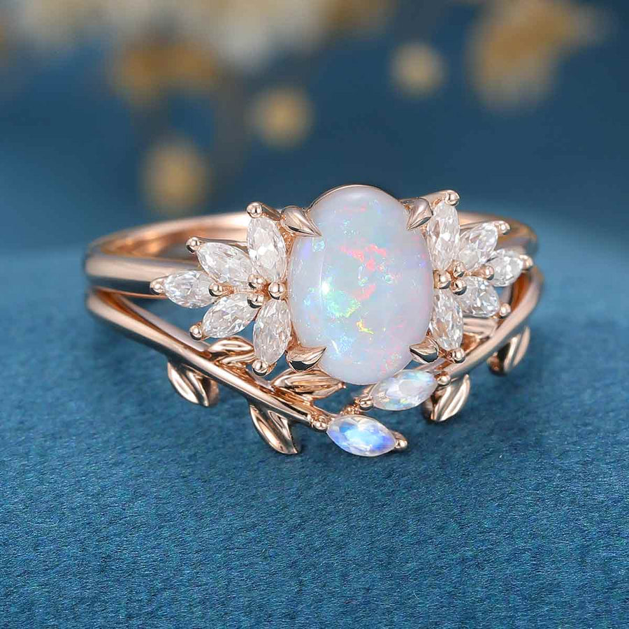 Oval cut Opal Engagement ring Bridal Set