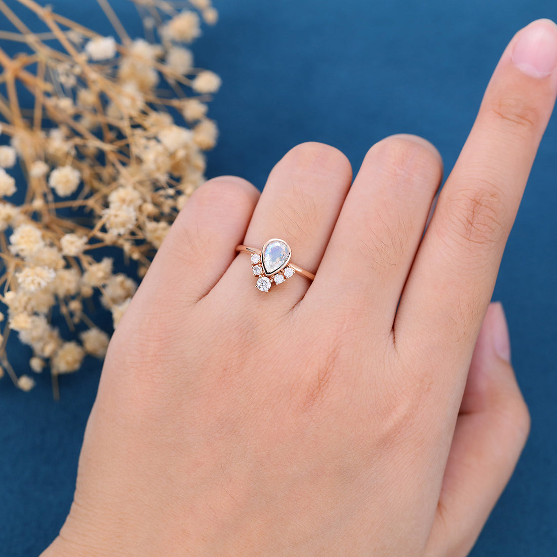 Bezel setting Pear cut Moonstone Halo Moissanite | Diamonds Gold Engagement Ring