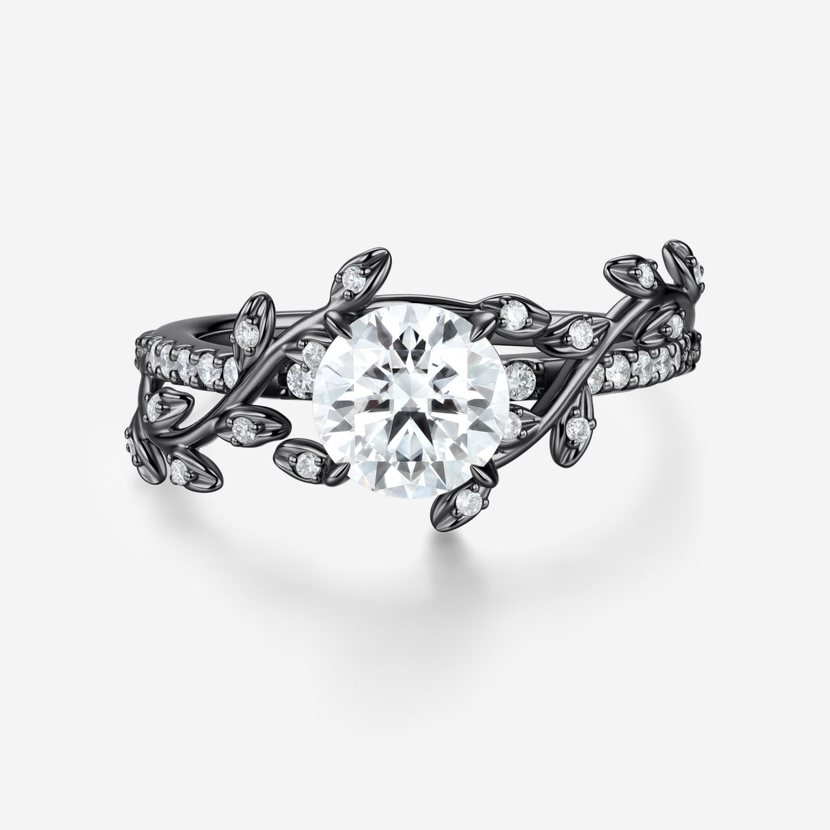 Nature Inspired Round cut Moissanite Leaf Gold Engagement Ring