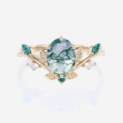 Nature Inspired Oval cut Moss Agate Leaf  Engagement Ring