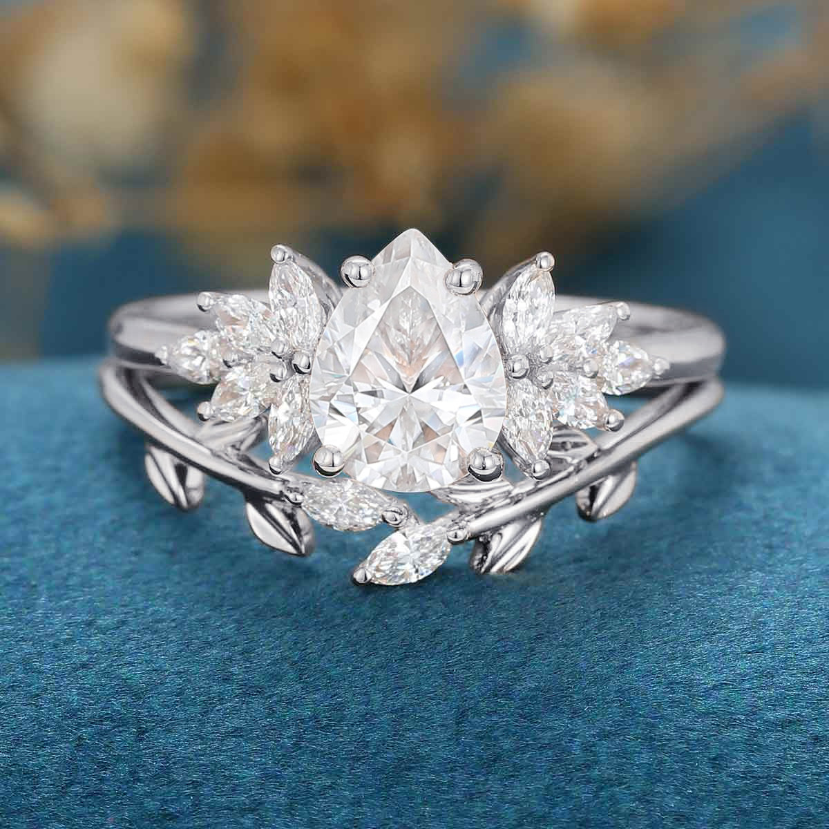 Pear Moissanite Cluster Engagement ring Bridal Set