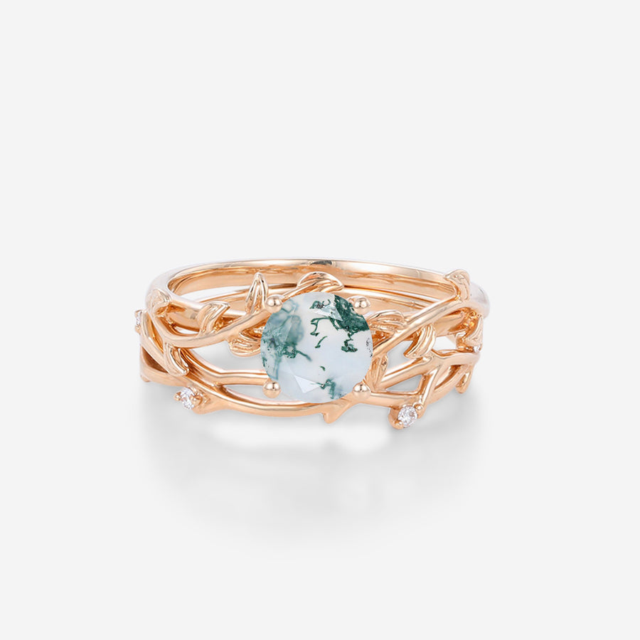 Nature Inspired Round cut Moss Agate Leaf Gold ring set
