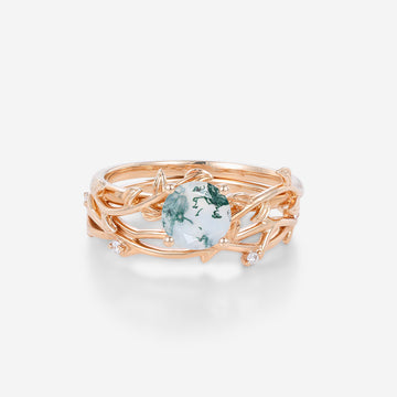 Nature Inspired Round cut Moss Agate Leaf Gold ring set