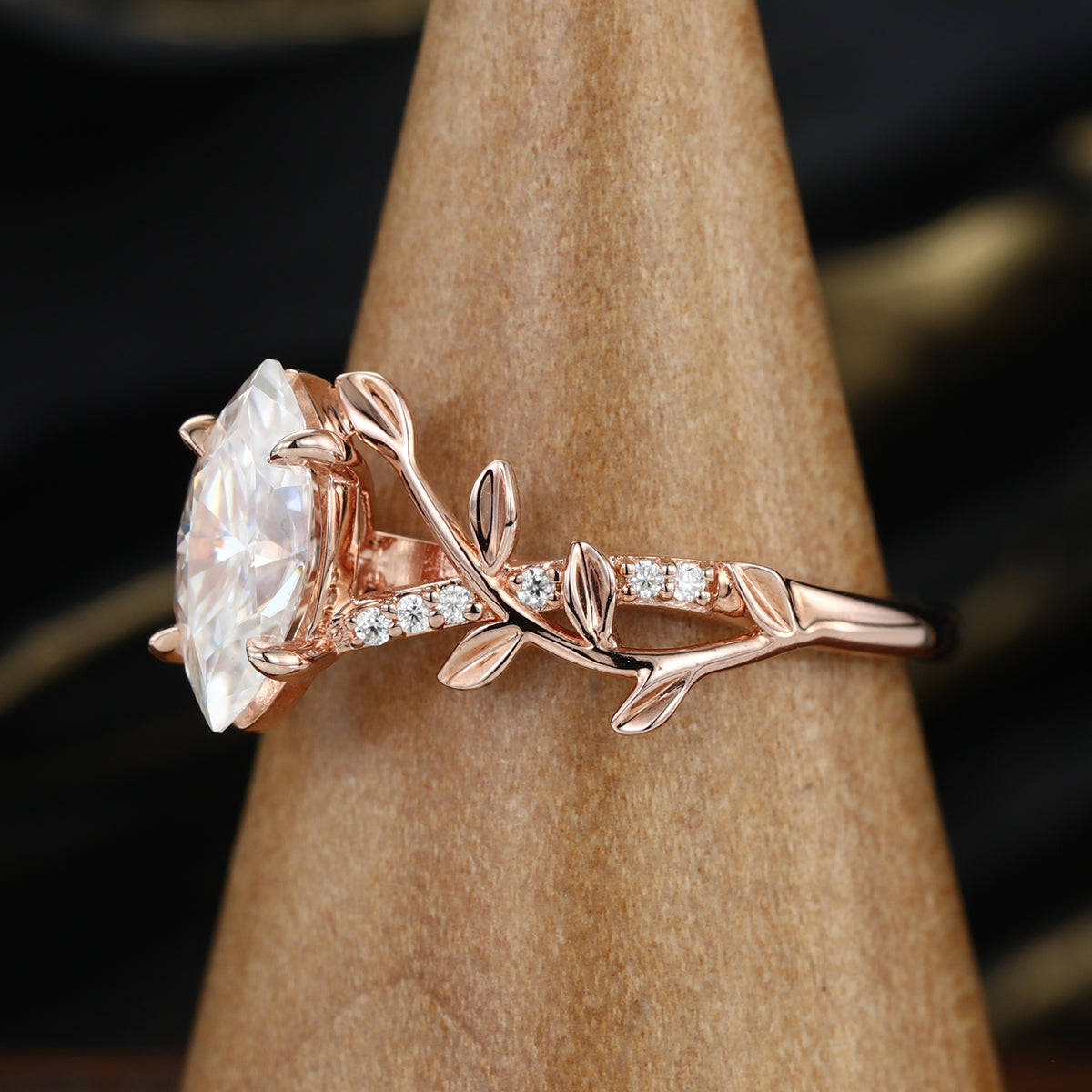 Nature Inspired Marquise cut Moissanite Leaf Gold Engagement Ring