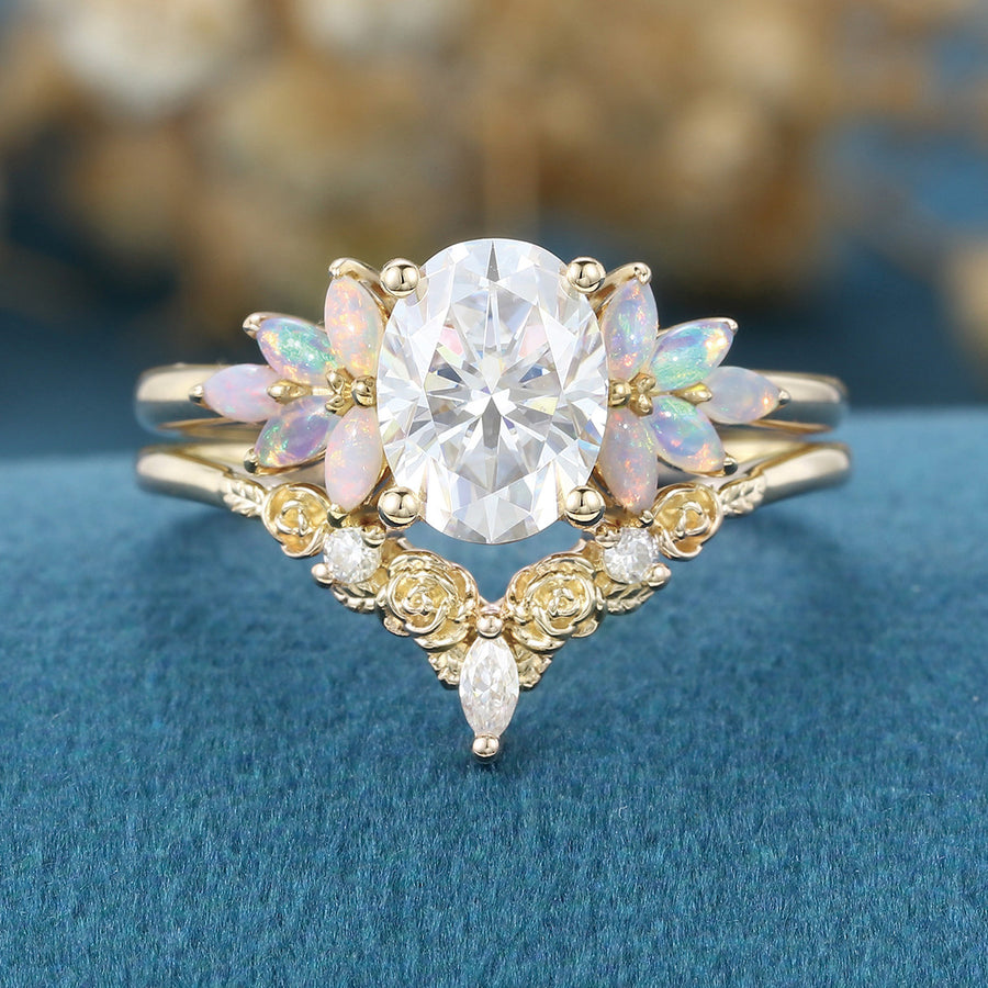 Oval Cut Moissanite+Opal Rose Gold Wedding Bridal set