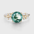 Round cut Moss Agate Matching Moissanite | Diamonds Gold Engagement Ring