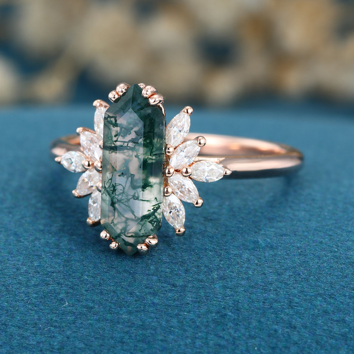 Long Hexagon cut Moss Agate Solid Gold Engagement Ring