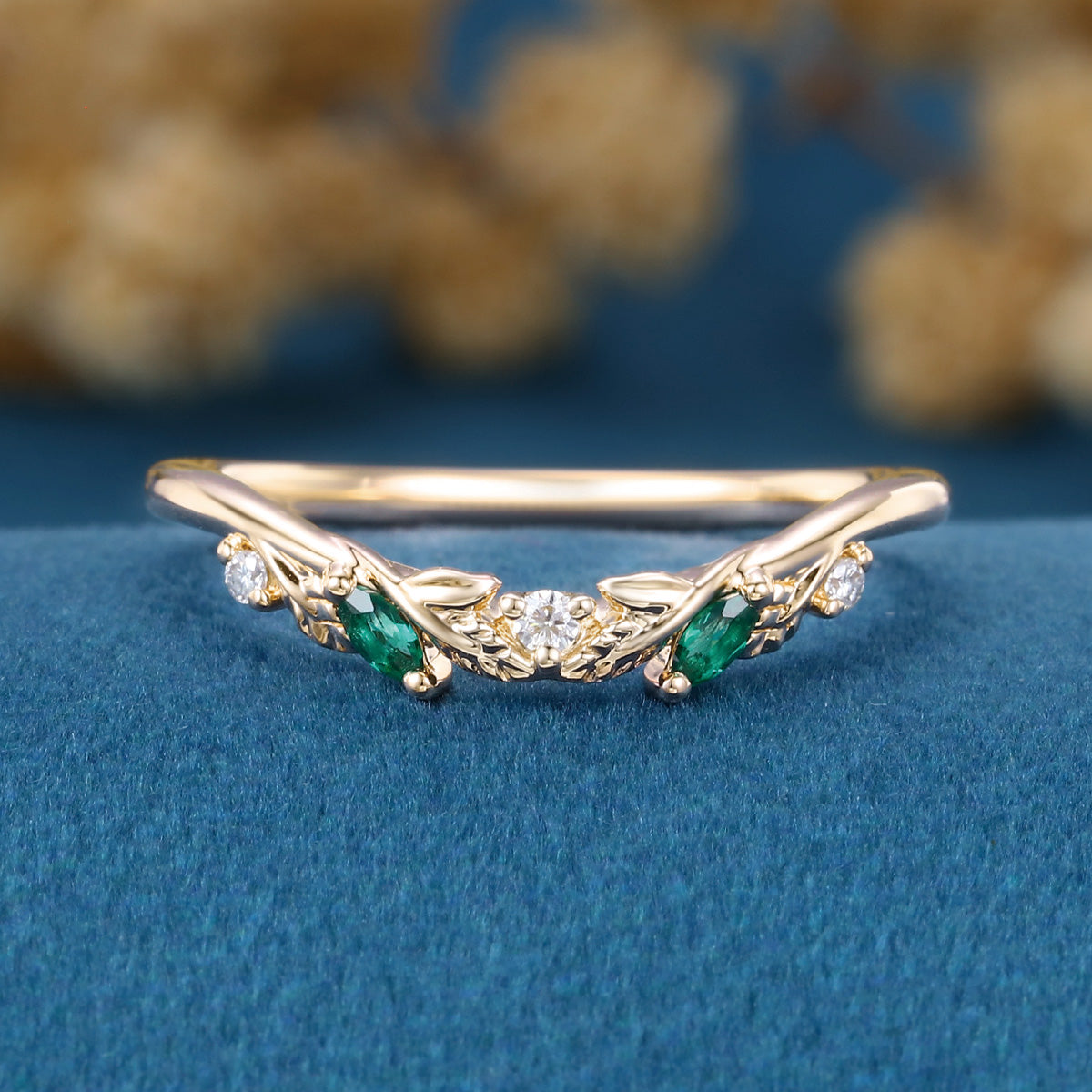 Marquise Cut Lab Emerald + Diamonds Curved Wedding Band