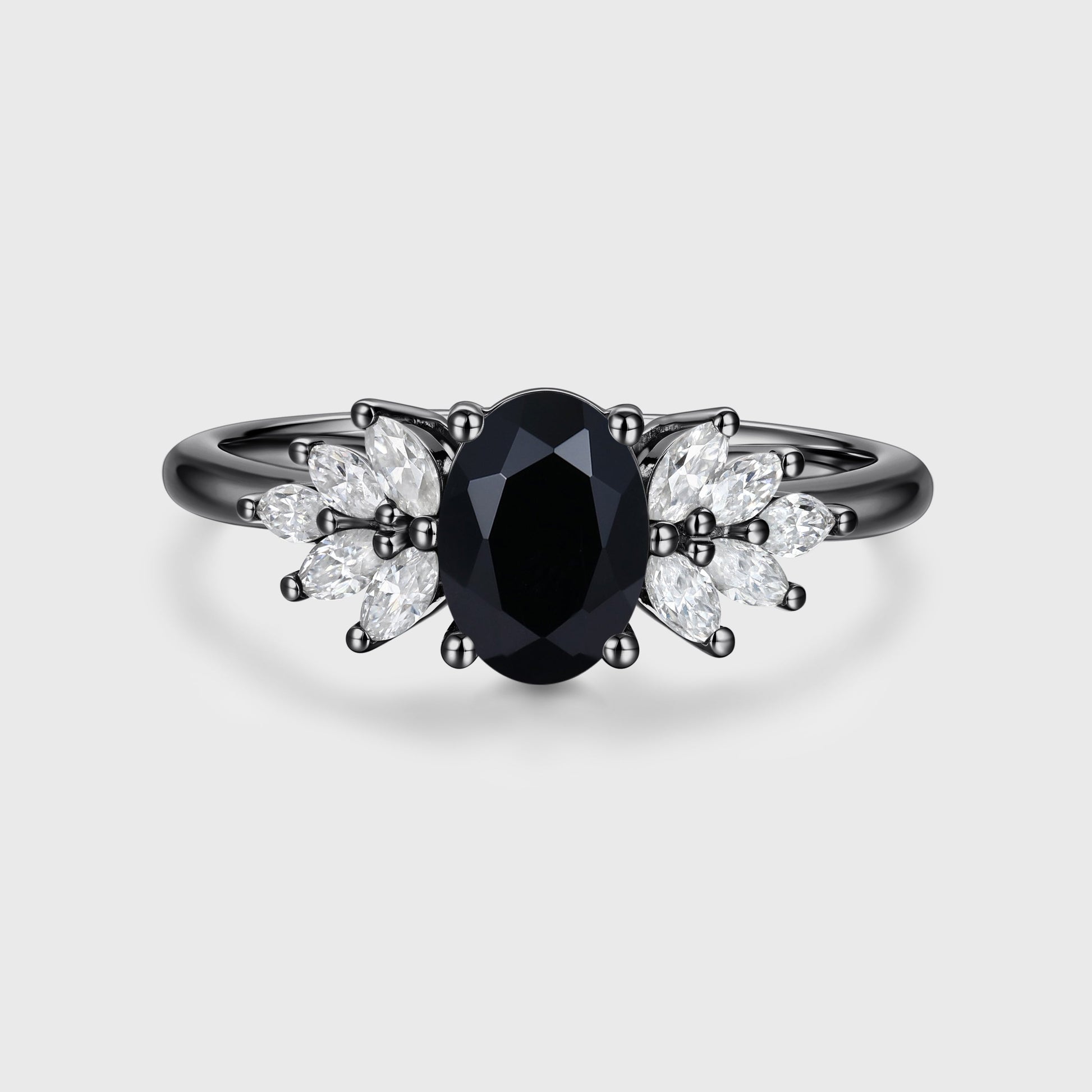 1.0Carat Oval cut Black Onyx Cluster Engagement ring