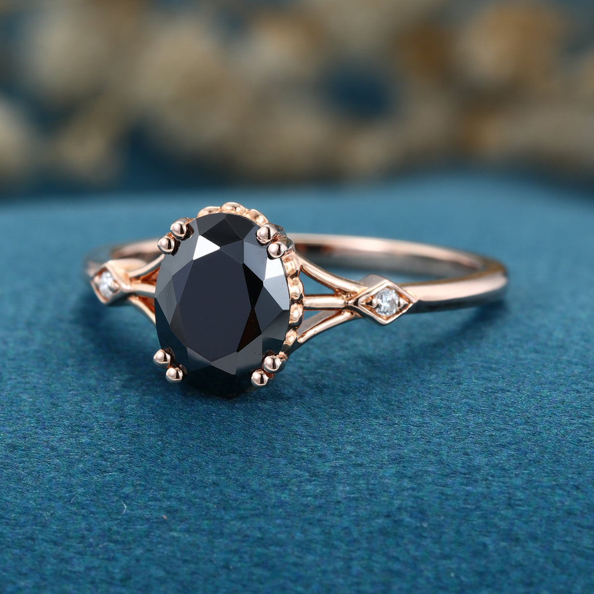 Oval cut Black Onyx Solid Gold Engagement Ring