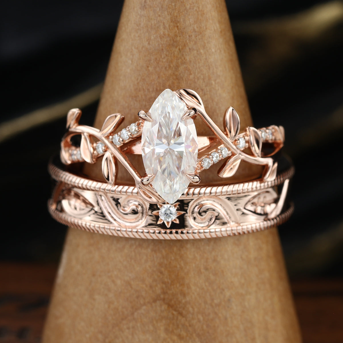 Nature Inspired Moissanite Couple Rings | D Color VVS1 | Rose Gold Leaf Wedding Bridal Set
