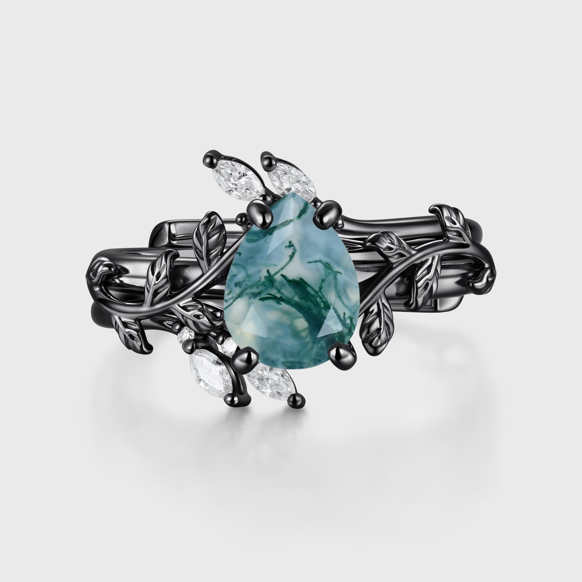Nature Inspired Pear cut Moss Agate Leaf Gold ring set