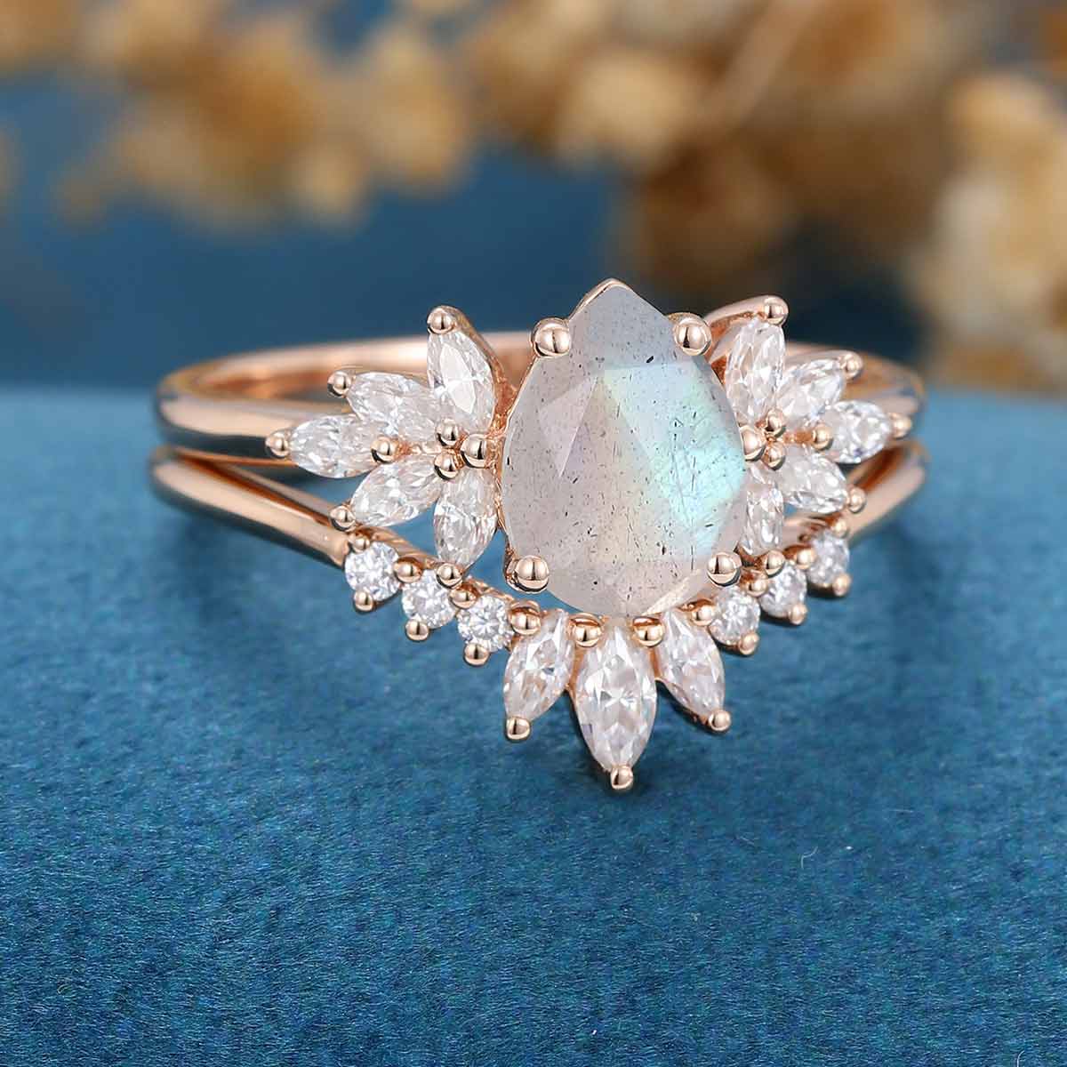 Pear cut Labradorite Cluster Engagement ring Bridal Set 