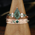 Forever Glow Moss Agate Couple Rings | Rose Gold Leaf Wedding Bridal Set