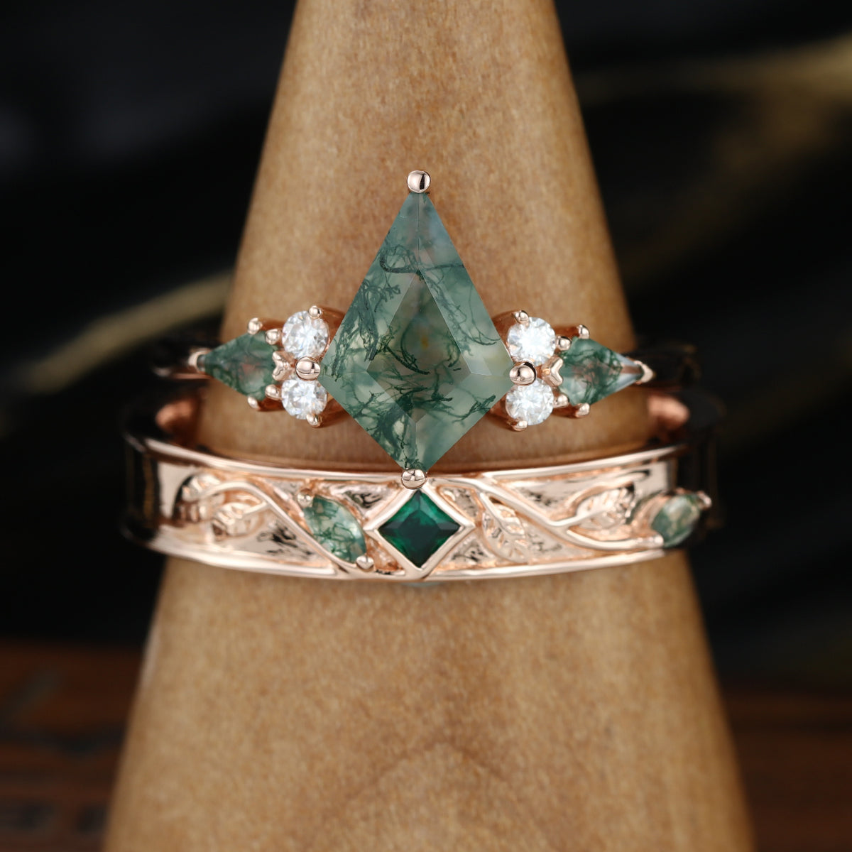Forever Glow Moss Agate Couple Rings | Rose Gold Leaf Wedding Bridal Set