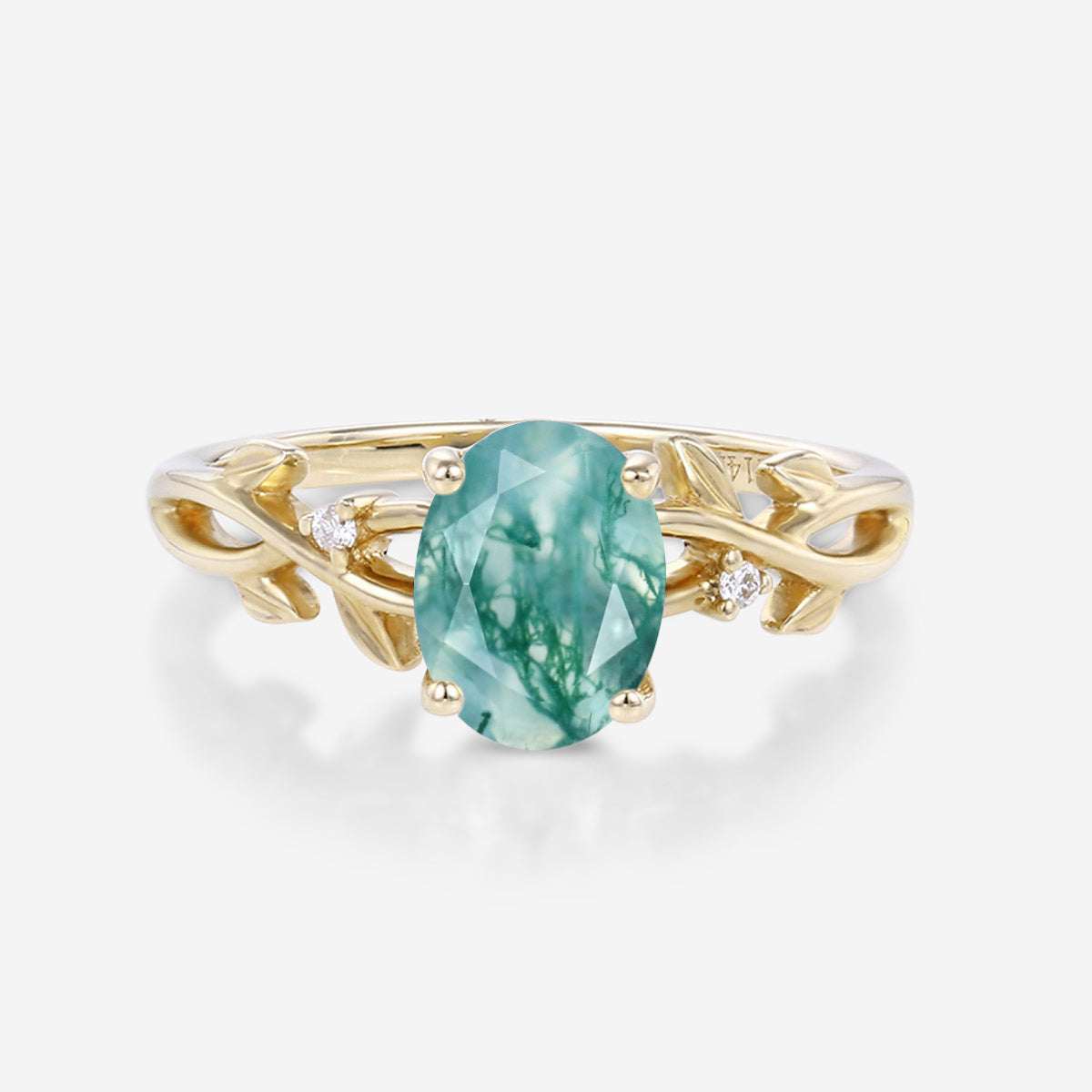 Nature Inspired Oval cut Moss Agate Leaf Gold Engagement Ring