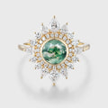 Bezel Set Round cut Halo Moss Agate Gold Engagement Ring