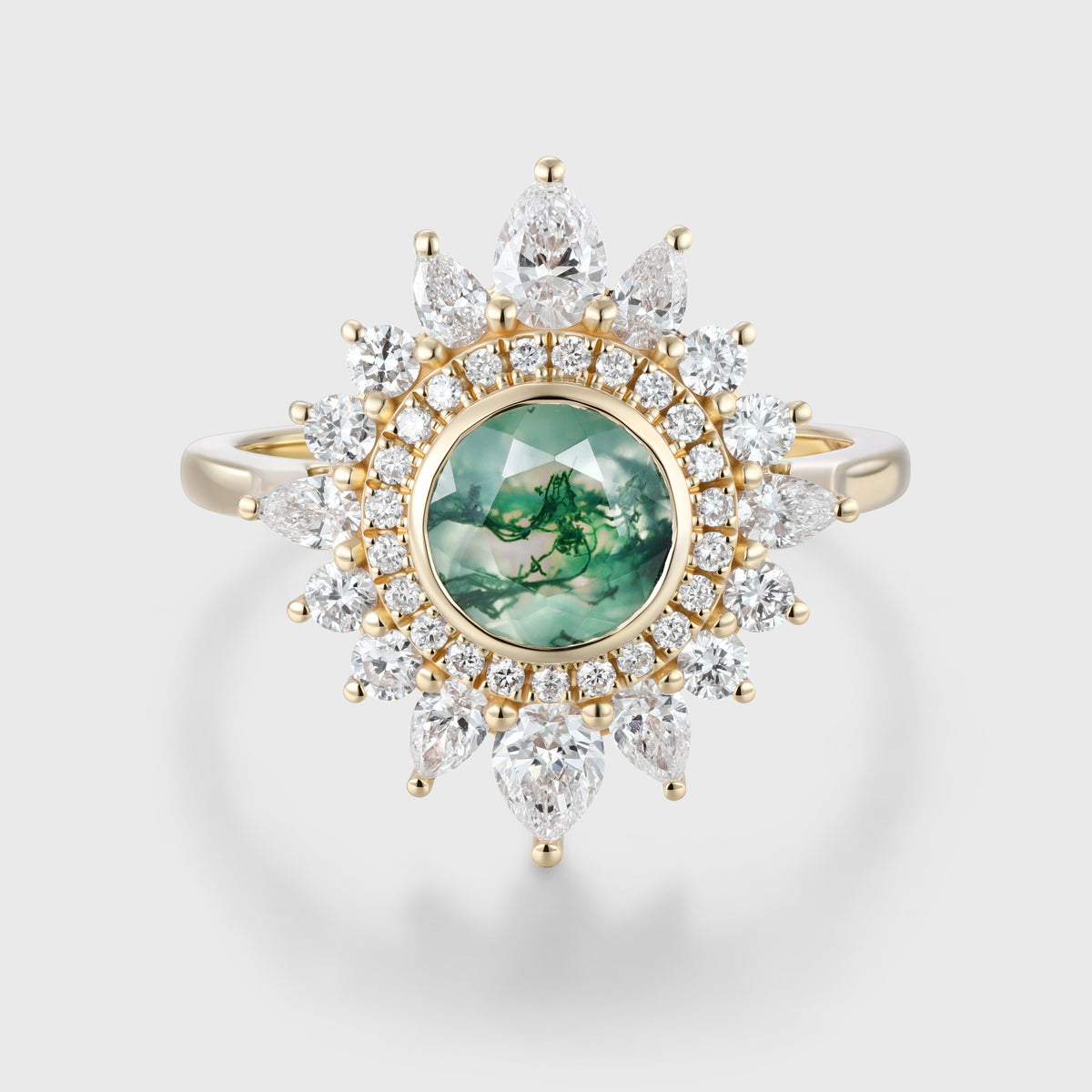 Bezel Set Round cut Halo Moss Agate Gold Engagement Ring