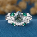 Pear cut Moss Agate Engagement ring + Lab Emerald Curved Wedding bridal set