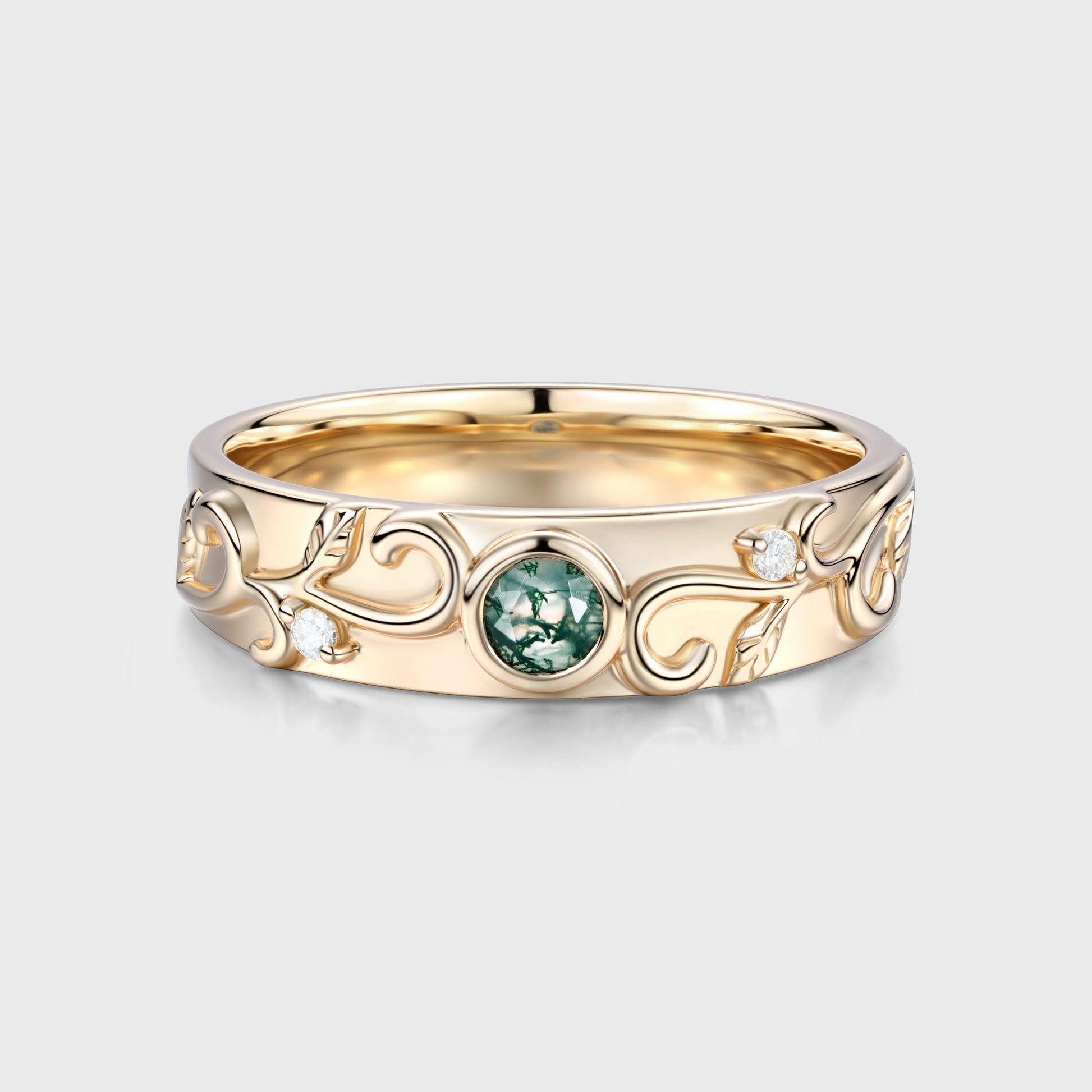 Luxury Men's Moss Agate Engagement Band - Solid gold men ring