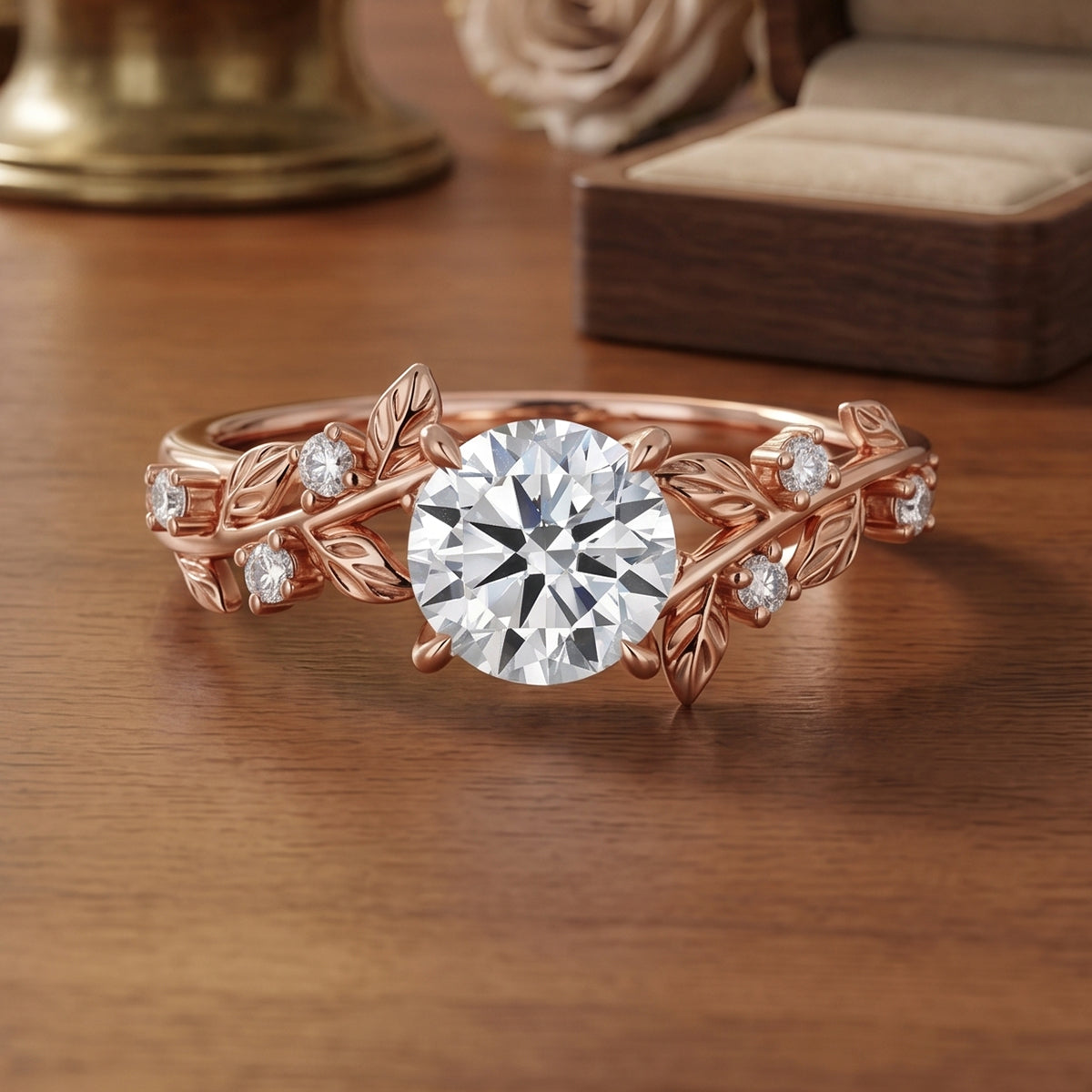 1.0CT~5.0CT Round cut Lab Grown Diamond Cluster Leaf Gold Engagement Ring