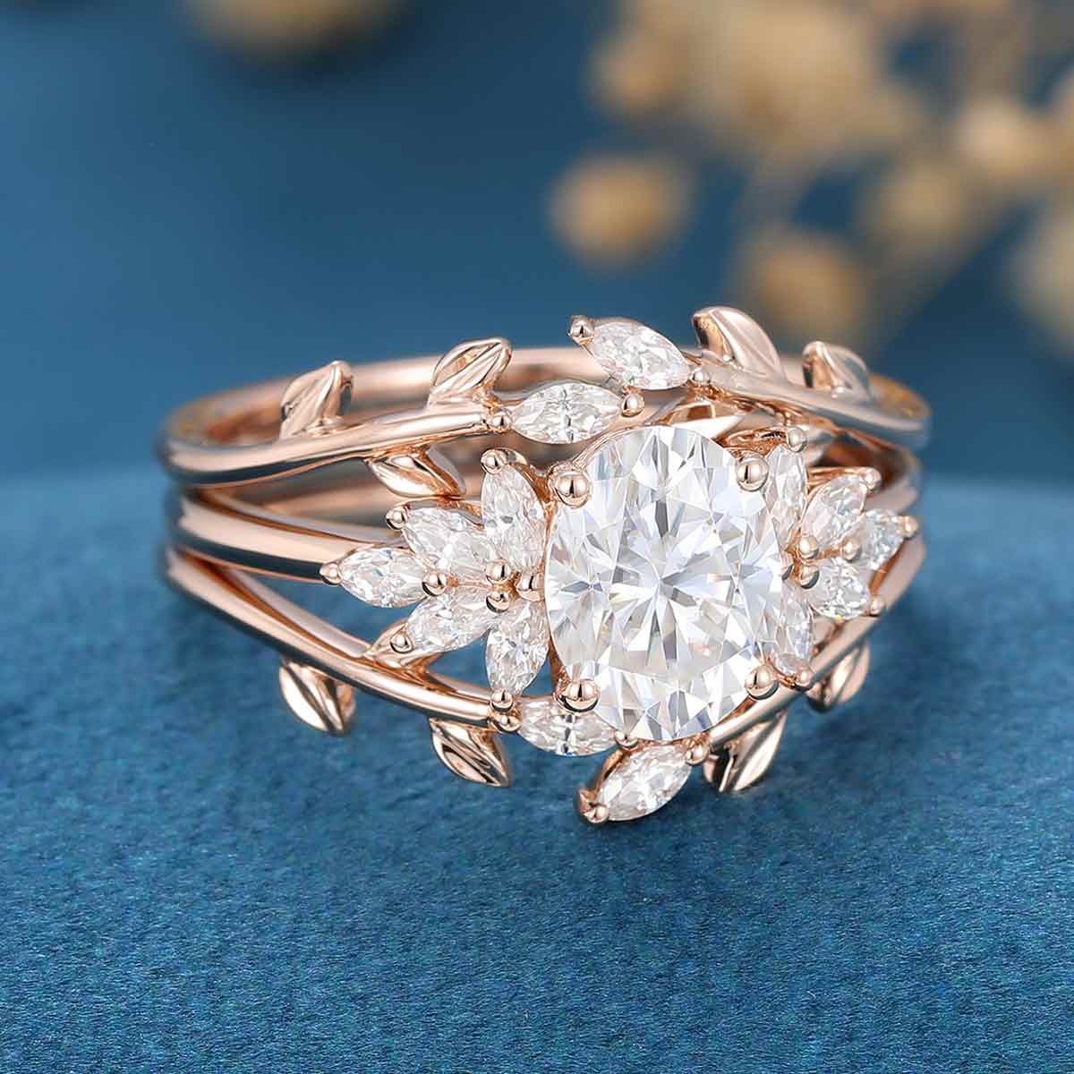 1.5Carat Oval Moissanite Cluster Engagement Bridal Set