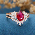 Pear cut Lab Ruby Cluster Engagement ring Bridal Set 