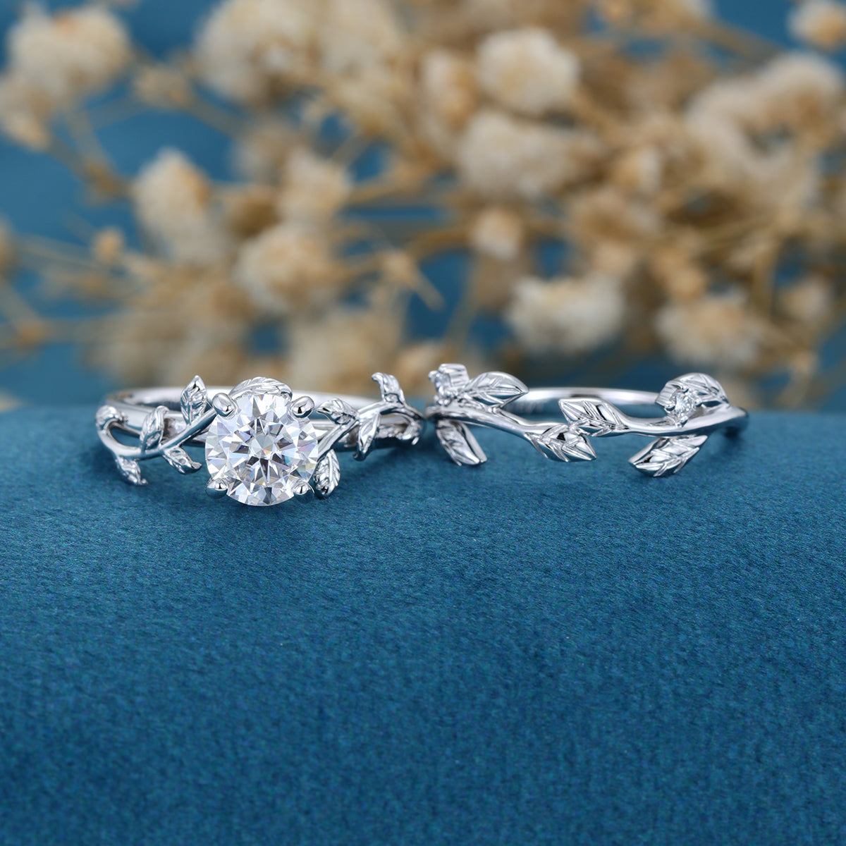 Round cut Moissanite Engagement ring White gold Diamond Wedding Bridal Set