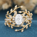 Nature Inspired Oval cut Moissanite Leaf Gold ring set