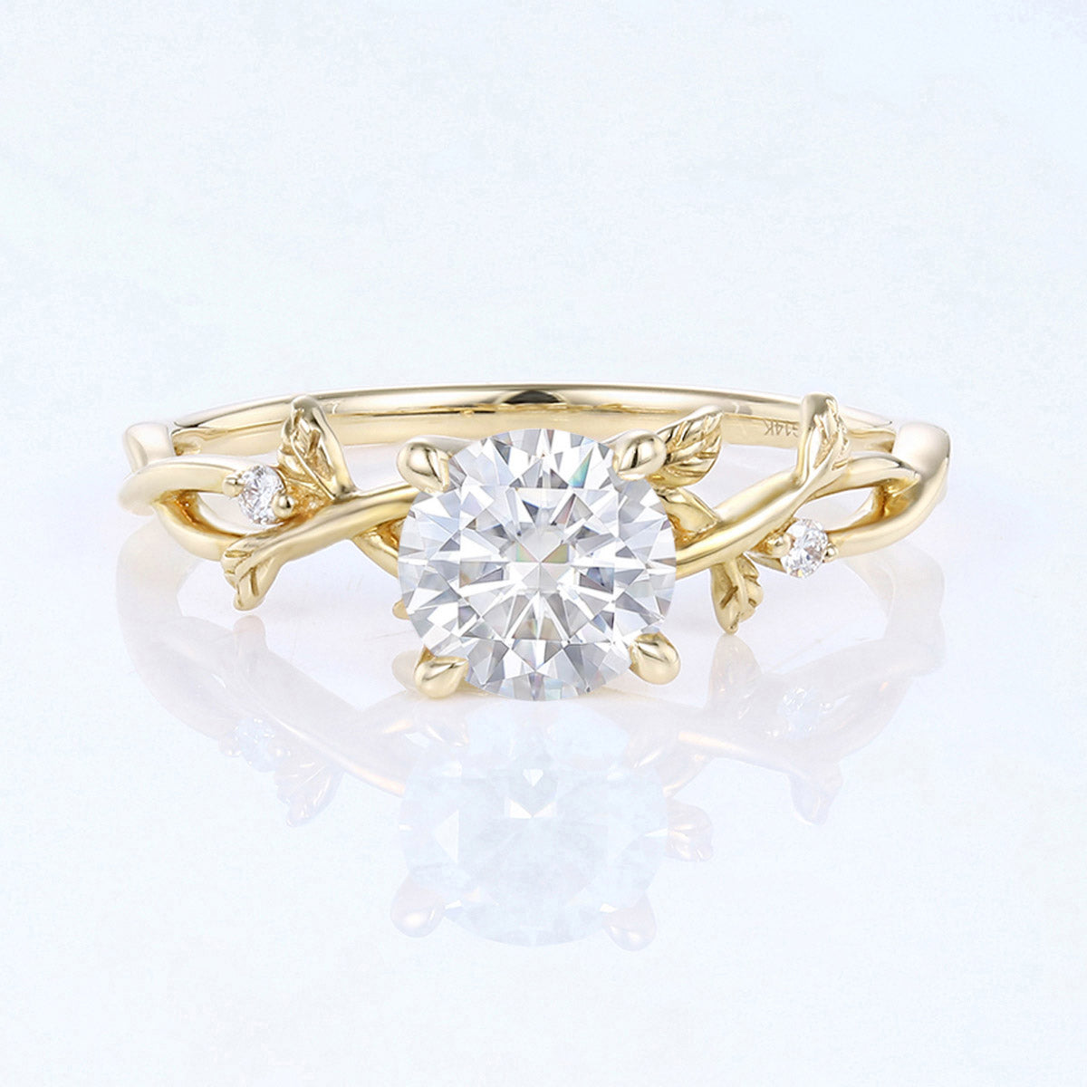 Nature Inspired Round cut Moissanite Leaf Gold Engagement Ring