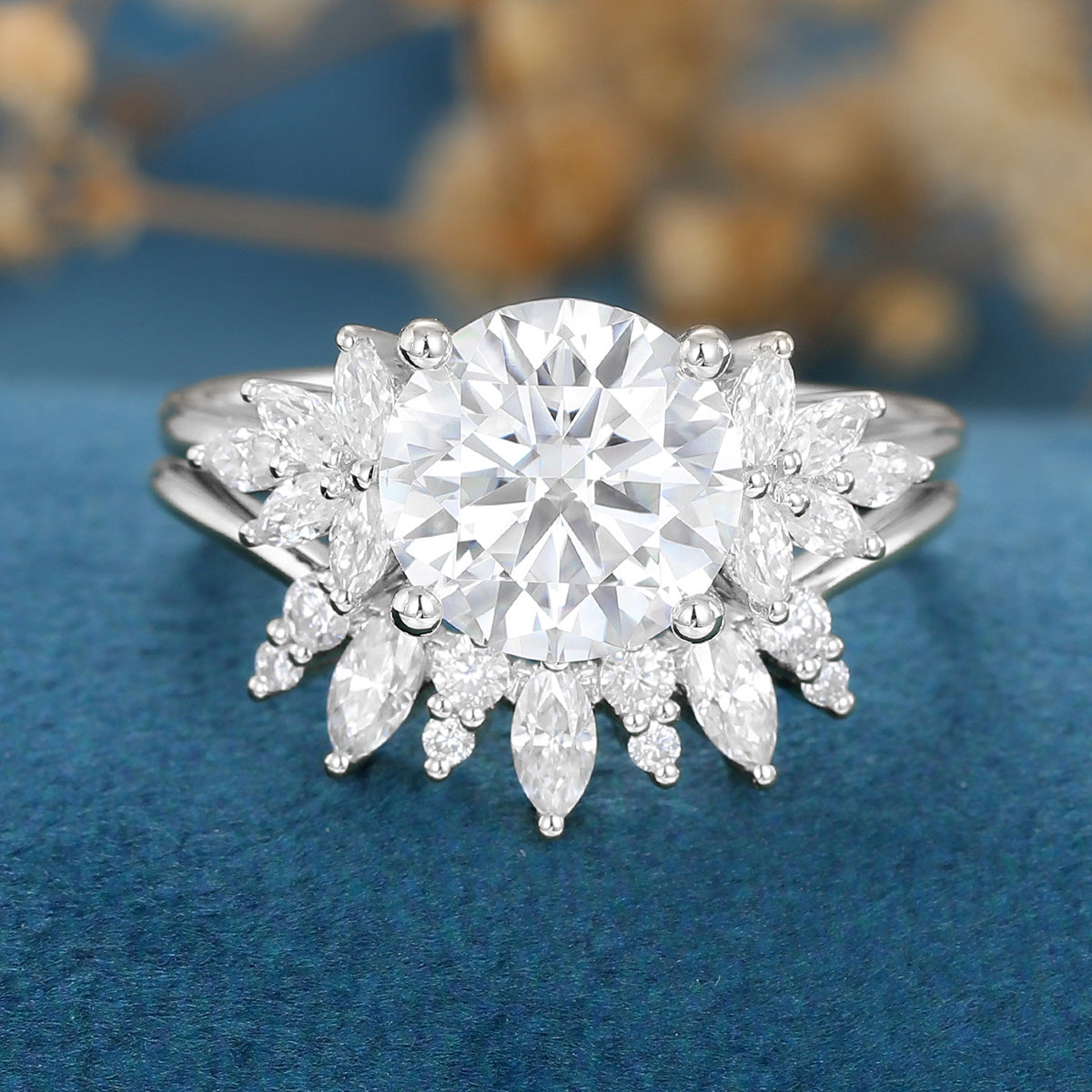 8.5mm Round cut Moissanite Cluster Engagement ring Bridal Set