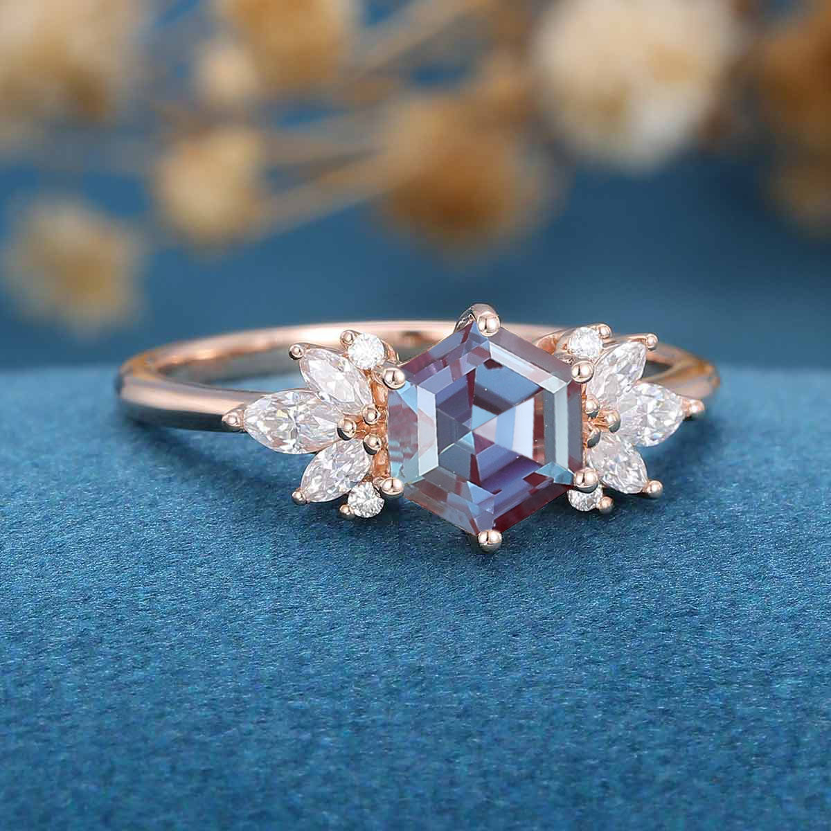 Hexagon cut Alexandrite | Diamond Engagement ring 